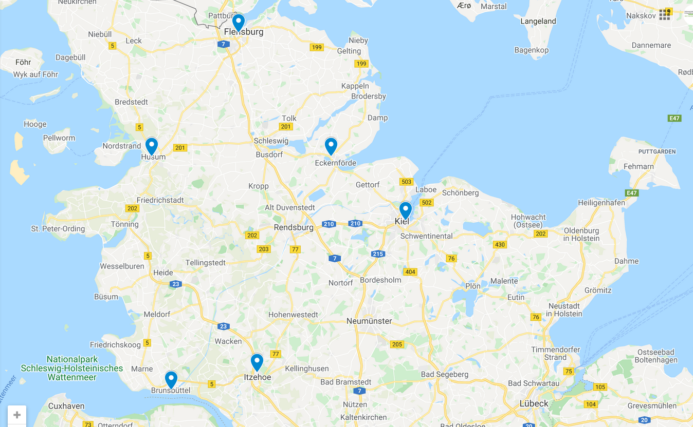 Karte mit sechs Krebsberatungsstellen in Schleswig-Holstein
