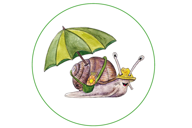 Schnecke mit Hut und Sonnenschirm